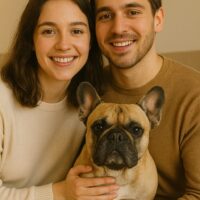 pareja de jóvenes con bulldog francés pareja de jóvenes con bulldog francés